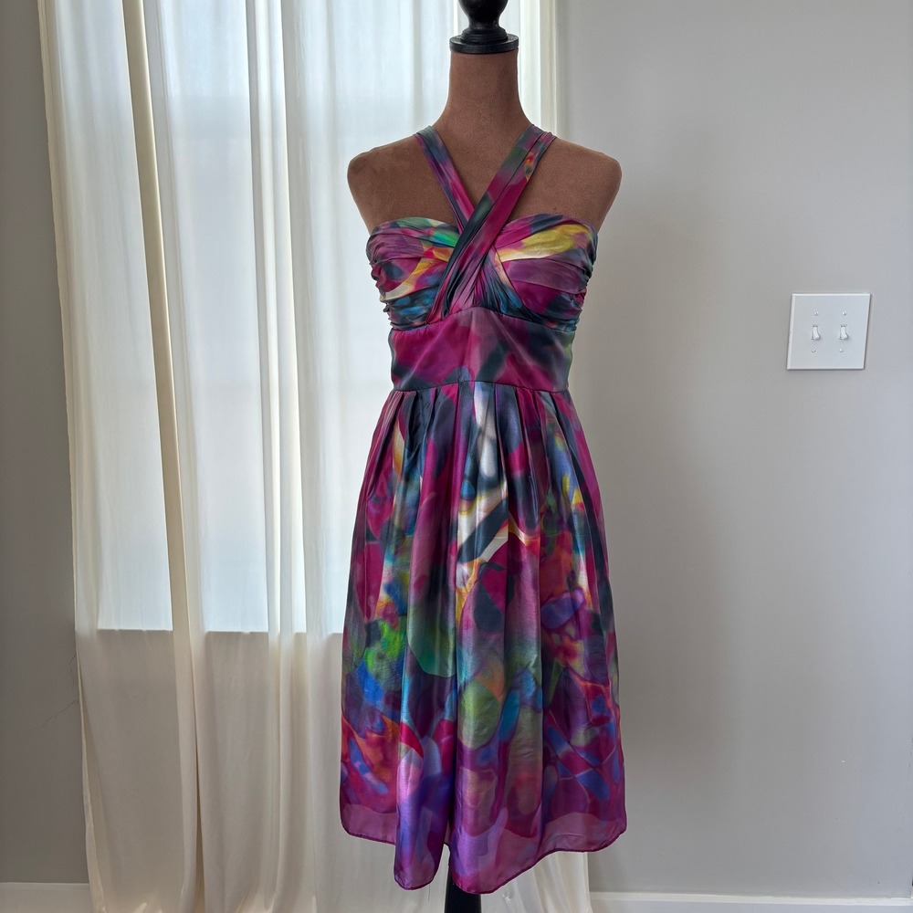 Vintage Suzi Chin 100% Silk Halter Dress 10 Watercolor Y2K Homecoming Fairy